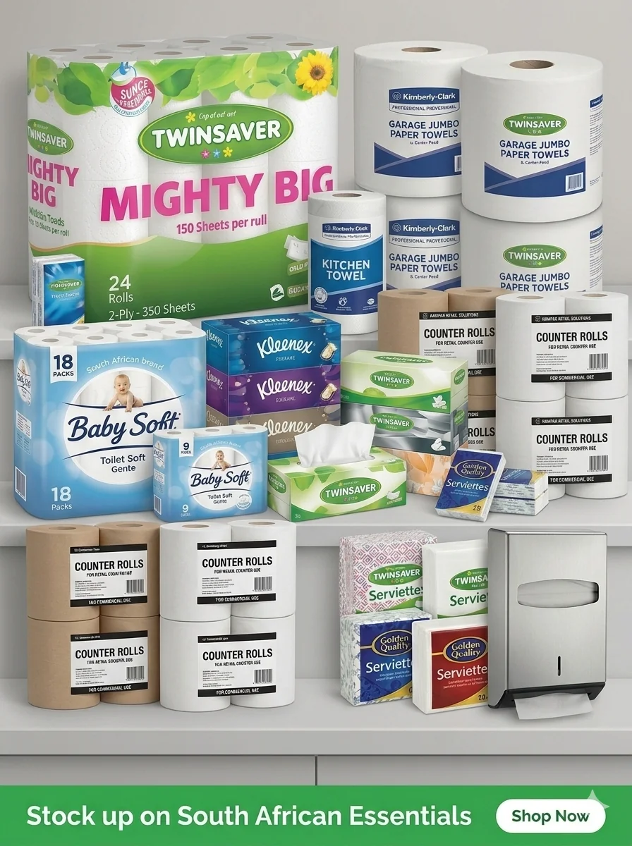 Paper products including toilet paper rolls and jumbo paper towels neatly arranged